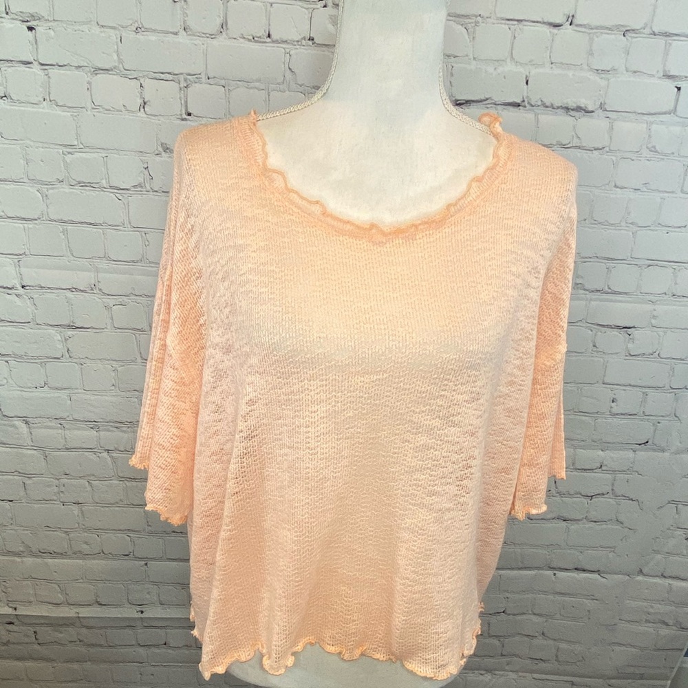GOOD LUCK GEM Open Knit Short Sleeve Sweater Lettuce Edge Trim Peach-Large